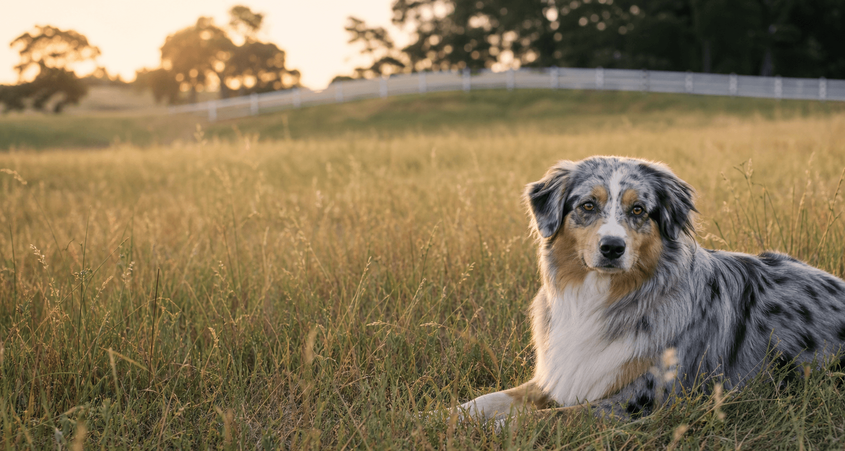 Blue merle Australian Shepherd resting in a meadow